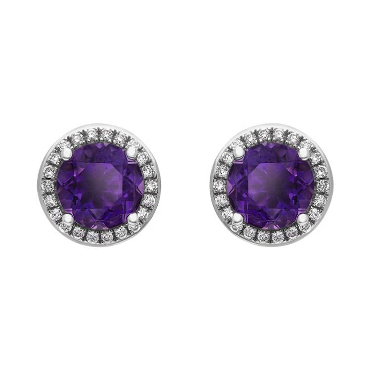 18ct White Gold Amethyst Diamond Round Cluster Stud Earrings - Option1 Value White Gold