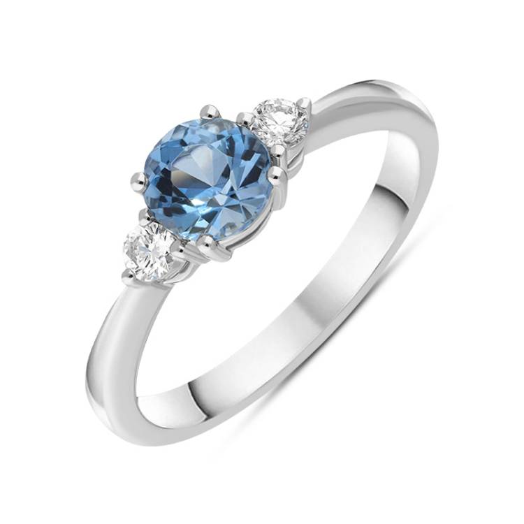 18ct White Gold Aquamarine Diamond Round Cut Three Stone Ring - M.5