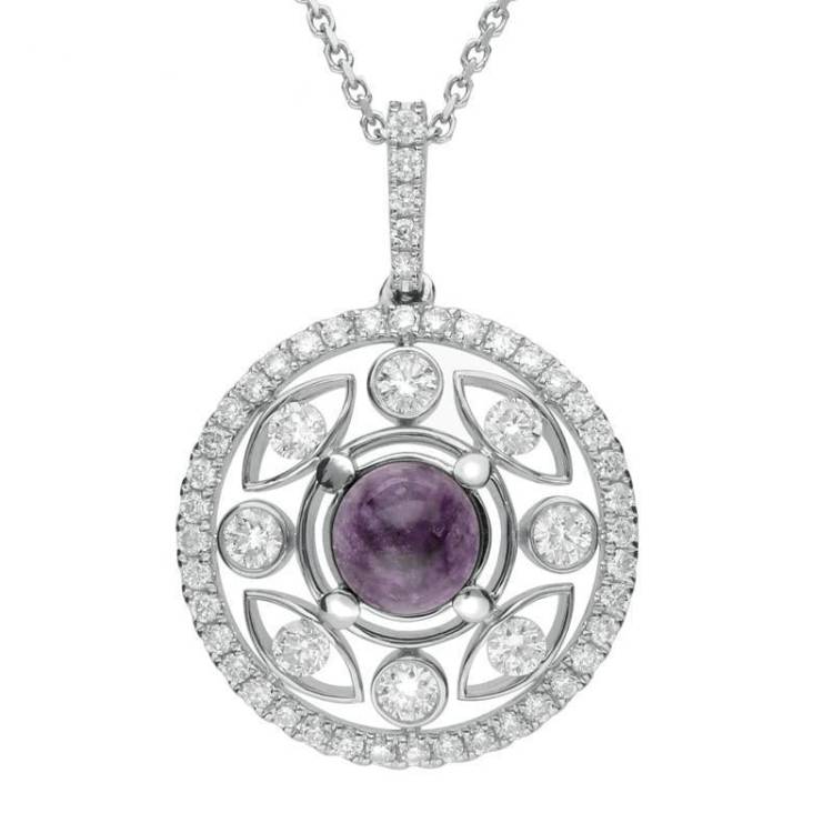 18ct White Gold Blue John 0.60ct Diamond Surround Round Necklace