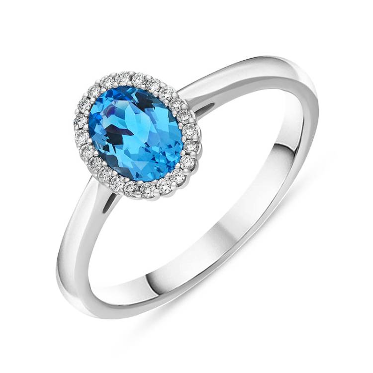 18ct White Gold Blue Topaz Diamond Oval Cut Cluster Ring - N