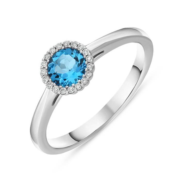 18ct White Gold Blue Topaz Diamond Round Cut Cluster Ring - M.5