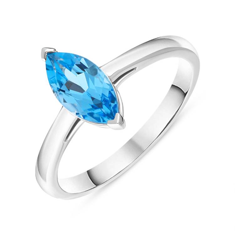 18ct White Gold Blue Topaz Marquise Cut Solitaire Ring - N