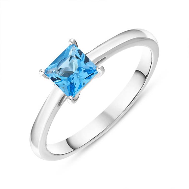 18ct White Gold Blue Topaz Square Cut Solitaire Ring - M.5