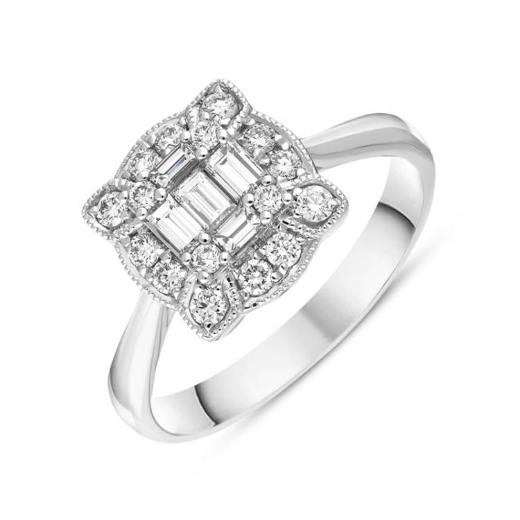 18ct White Gold Diamond Baguette Round Brilliant Cut Cluster Ring