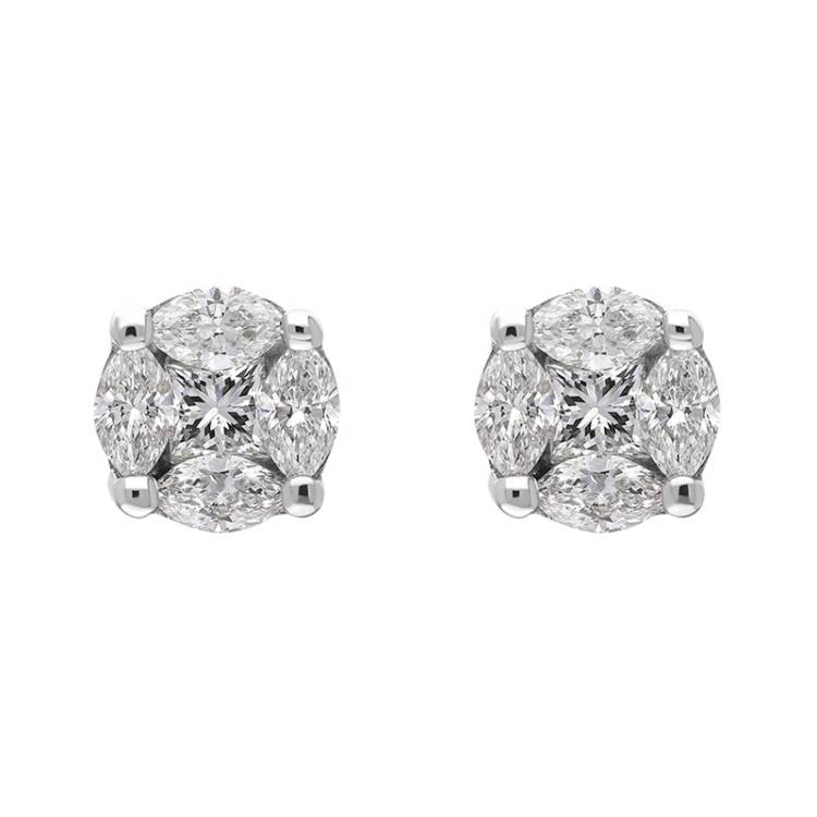 18ct White Gold 0.39ct Diamond Princess and Marquise Cut Cluster Stud Earrings - Option1 Value White Gold