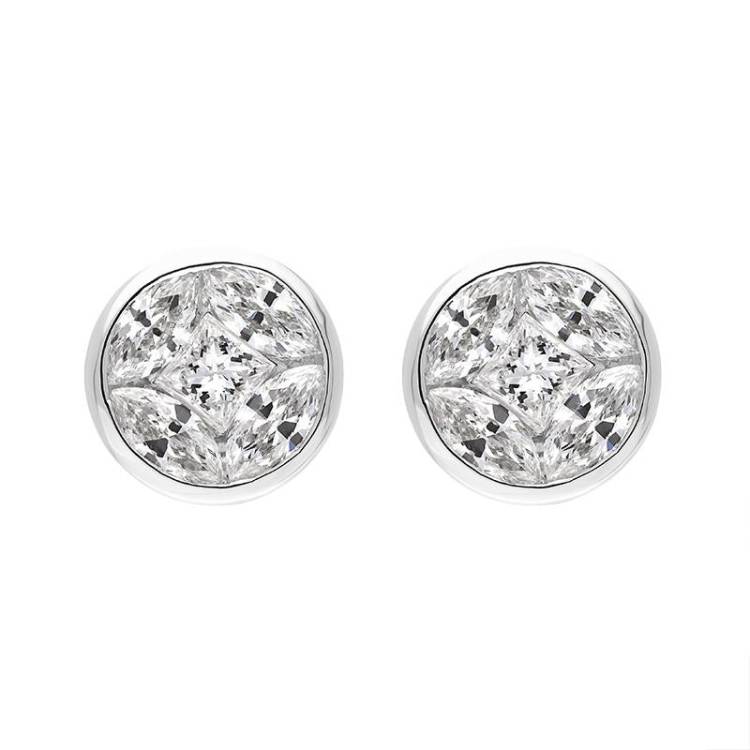 18ct White Gold Diamond Princess and Marquise Cut Cluster Stud Earrings - Option1 Value White Gold