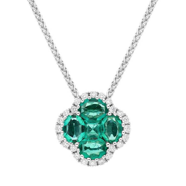 18ct White Gold Emerald 0.22ct Diamond Clover Cluster Necklace - Option1 Value White Gold