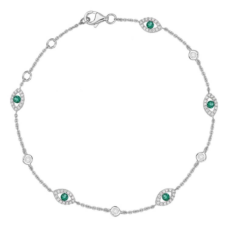 18ct White Gold Emerald Diamond Marquise Bracelet - White Gold