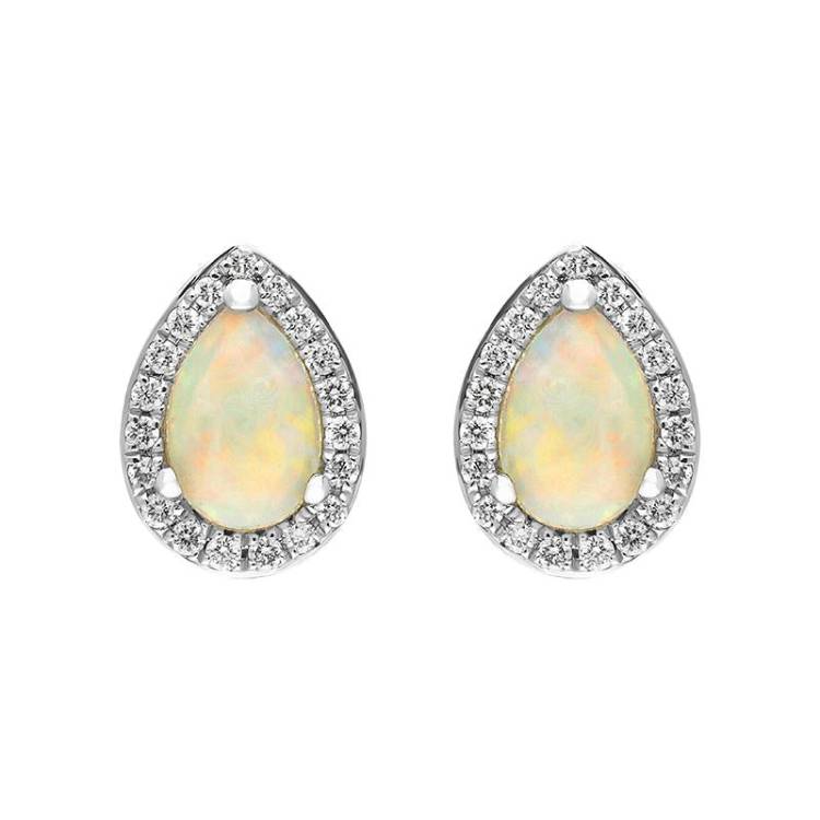 18ct White and Yellow Gold Opal Diamond Pear Cut Cluster Stud Earrings - Option1 Value White Gold