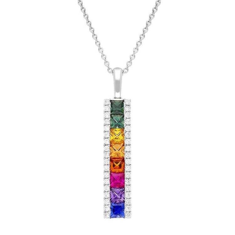 18ct White Gold Rainbow Sapphire 1.77ct Diamond Bar Necklace - Option1 Value White Gold