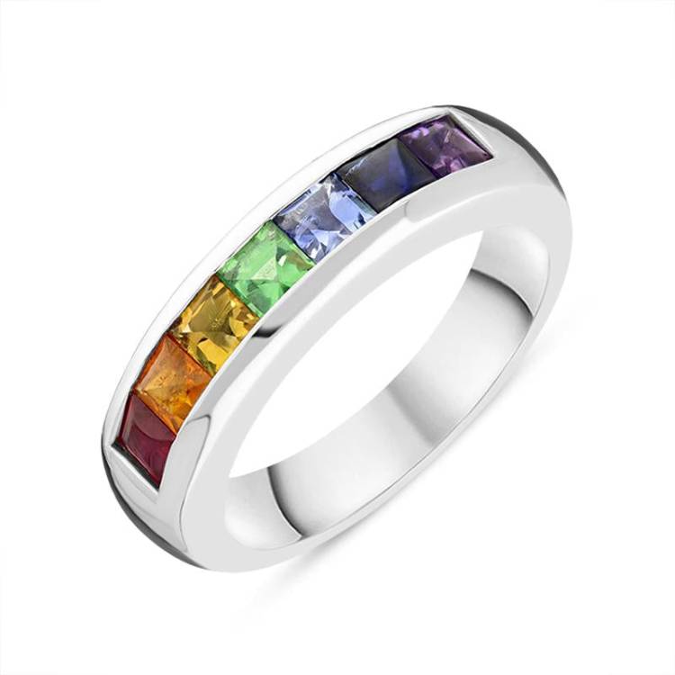 18ct White Gold Rainbow Mixed Stone Half Eternity Ring - White Gold