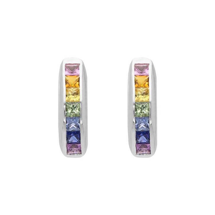 18ct White Gold Rainbow Sapphire Princess Cut Curved Stud Earrings - Option1 Value White Gold