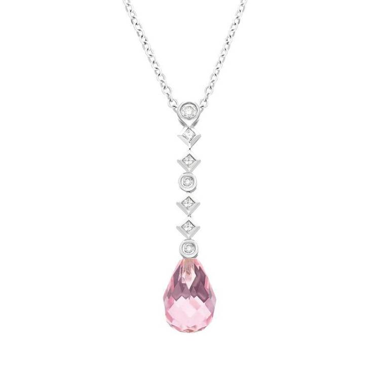 18ct White Gold Rose Quartz Seven Diamond Drop Necklace