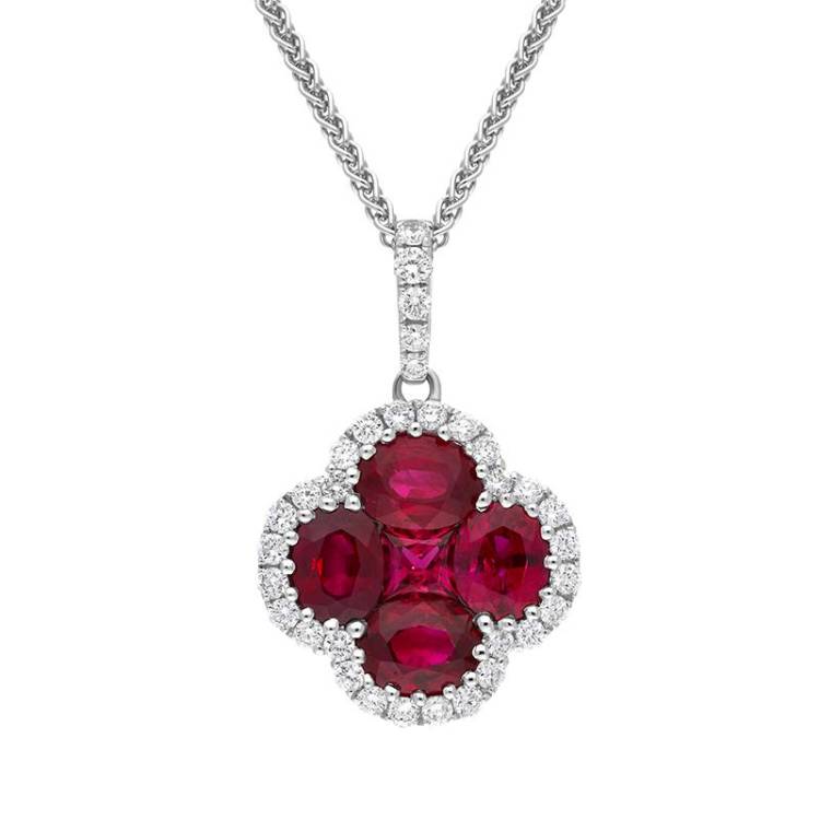 18ct White Gold Ruby Diamond Flower Cluster Necklace - Option1 Value White Gold