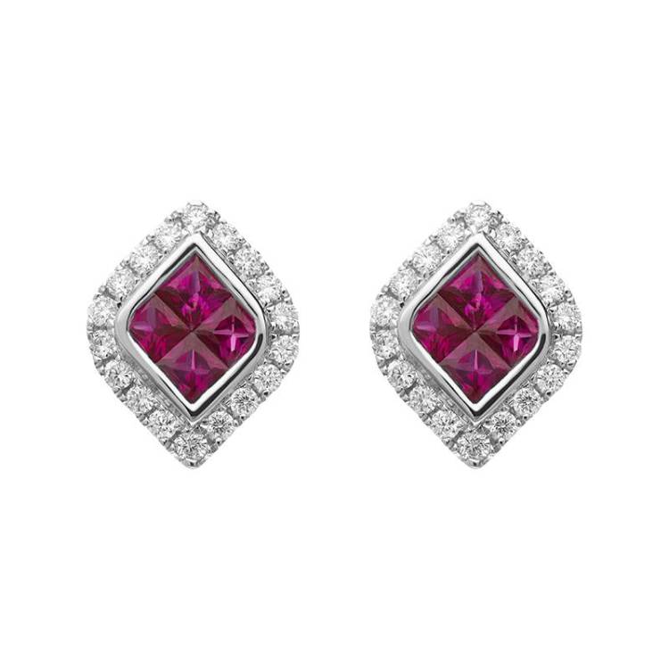 18ct White Gold Ruby Diamond Marquise Cluster Stud Earrings - Option1 Value White Gold