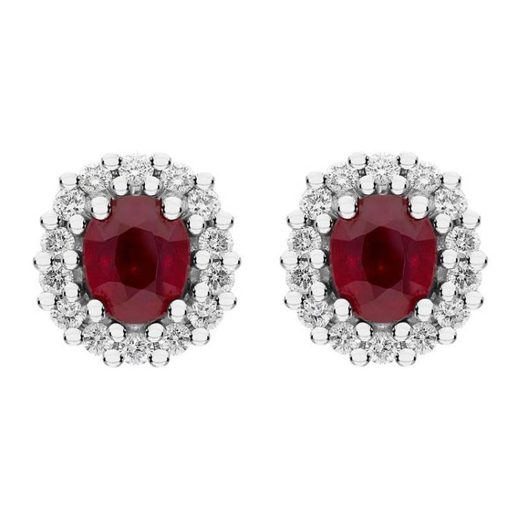 18ct White Gold Ruby Diamond Oval Cluster Earrings