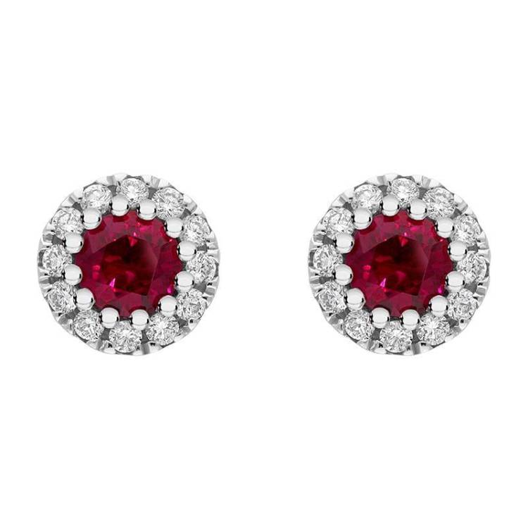 18ct White Gold Ruby Diamond Round Cluster Earrings