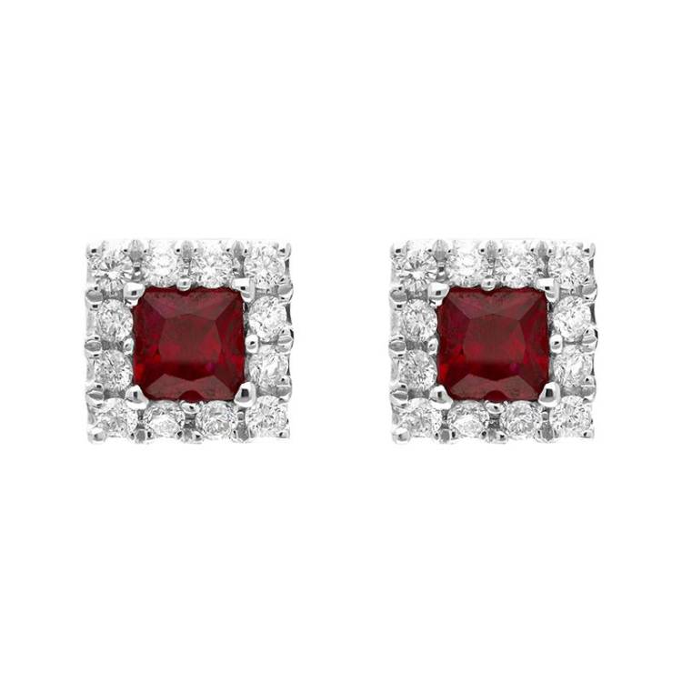 18ct White Gold Ruby Diamond Square Cluster Stud Earrings - Option1 Value White Gold