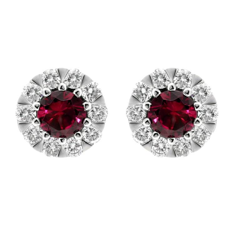 18ct White Gold Ruby Diamond Cluster Stud Earrings