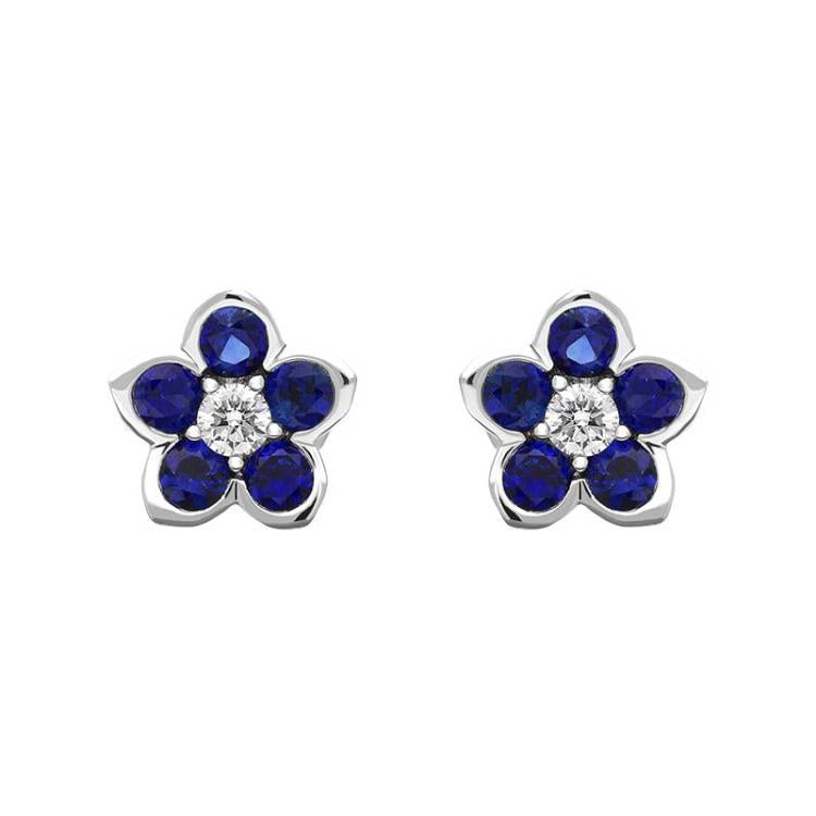 18ct White Gold Sapphire Diamond Flower Cluster Stud Earrings - Option1 Value White Gold
