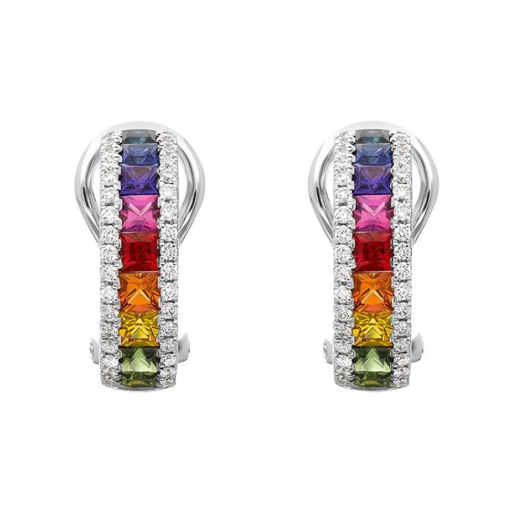 18ct White Gold Sapphire Diamond Princess Cut Multicolour Hoop Earrings - Option1 Value White Gold