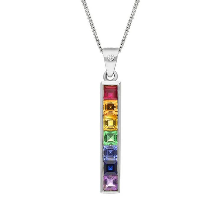 18ct White Gold Sapphire Diamond Princess Cut Multicolour Oblong Necklace