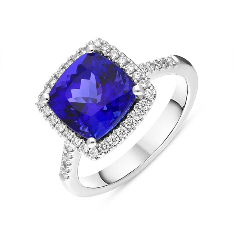 18ct White Gold Tanzanite Diamond Cushion Cut Shoulder Set Halo Ring - M