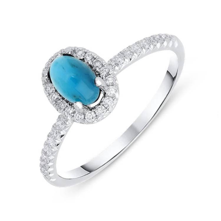 18ct White Gold Turquoise 0.27ct Diamond Halo Ring - P