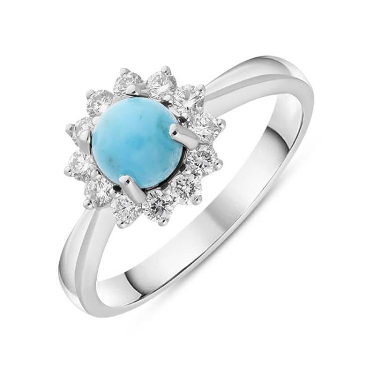 18ct White Gold Turquoise 0.40ct Diamond Flower Ring - P