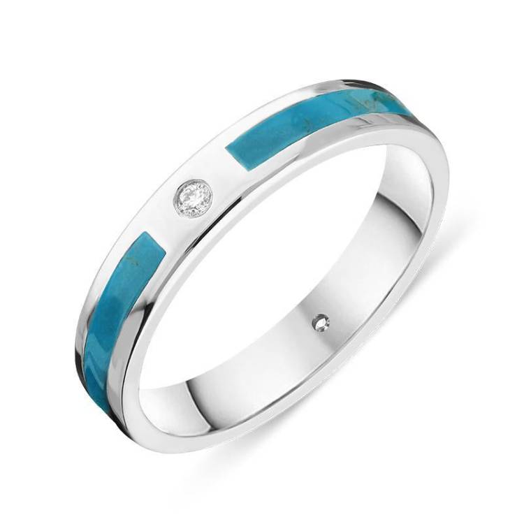 18ct White Gold Turquoise Diamond 4mm Patterned Wedding Band Ring - Gold