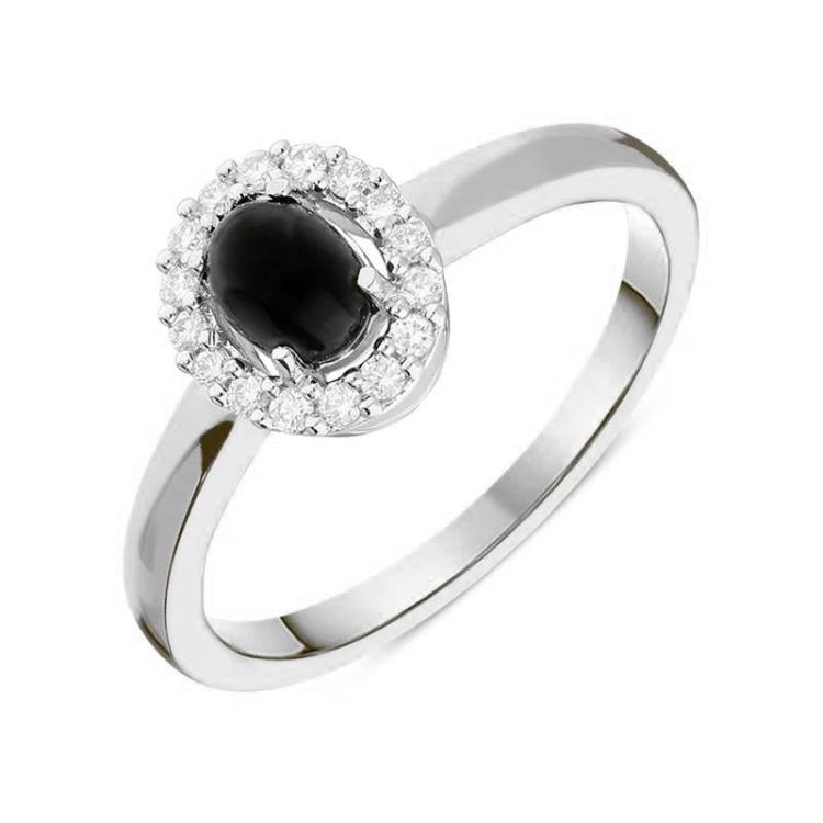 18ct White Gold Whitby Jet 0.12ct Diamond Oval Cluster Ring
