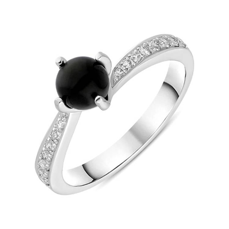 18ct White Gold Whitby Jet 0.16ct Diamond Tapered Shoulder Ring