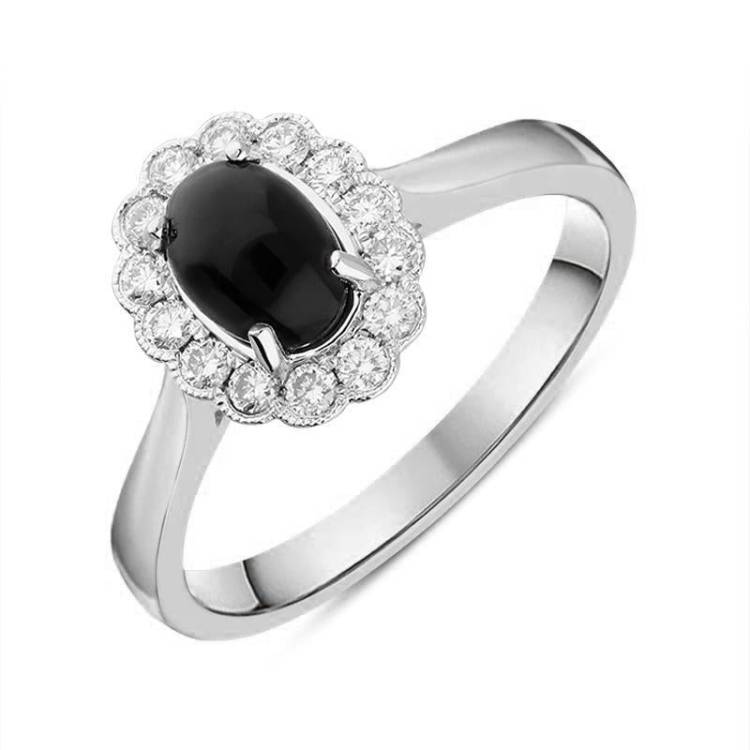 18ct White Gold Whitby Jet 0.22ct Diamond Oval Ring - M