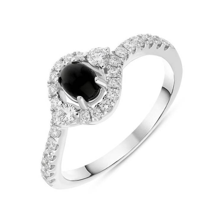 18ct White Gold Whitby Jet 0.37ct Diamond Oval Wrap Ring - J