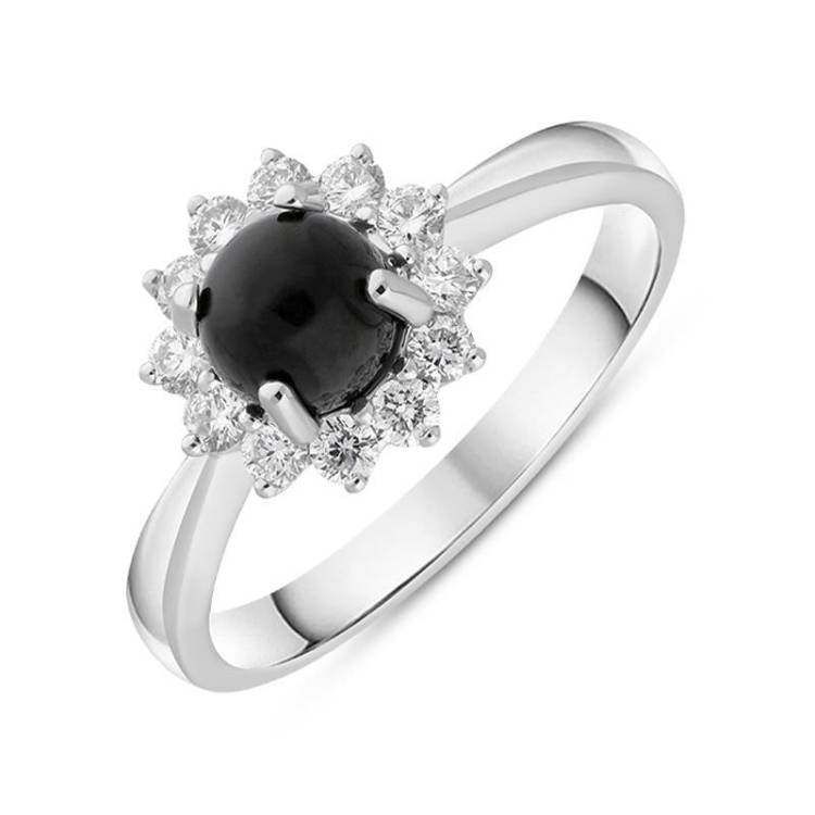 18ct White Gold Whitby Jet 0.40ct Diamond Round Flower Ring - W