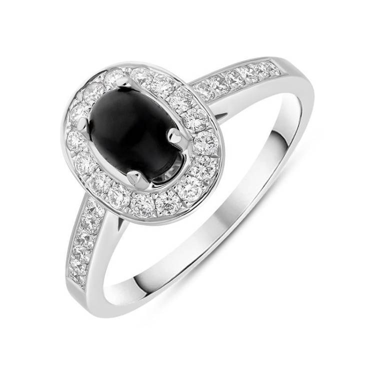 18ct White Gold Whitby Jet 0.54ct Diamond Oval Shoulder Ring - V