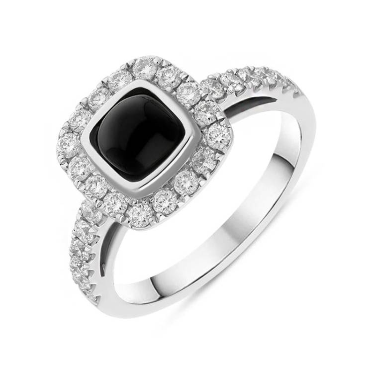 18ct White Gold Whitby Jet 0.58ct Diamond Cushion Ring