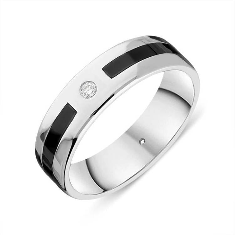 18ct White Gold Whitby Jet Diamond 6mm Patterned Wedding Band Ring - Gold