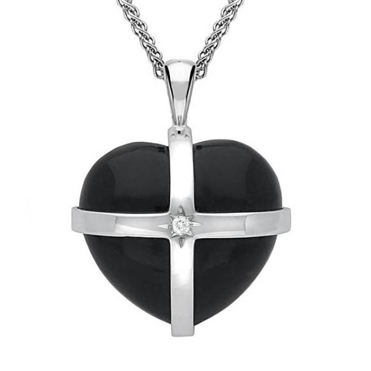 18ct White Gold Whitby Jet Diamond Large Cross Heart Necklace - Option1 Value White Gold