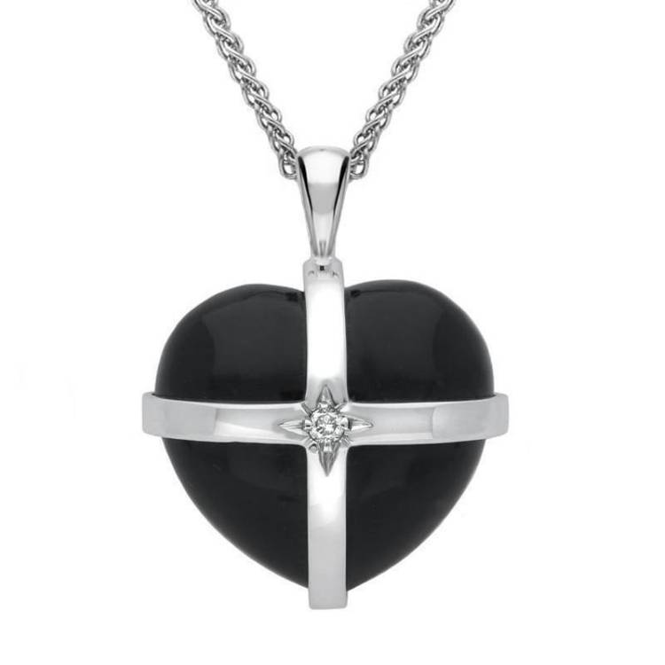 18ct White Gold Whitby Jet Diamond Medium Cross Heart Necklace