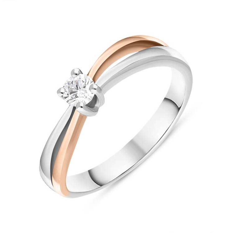 18ct White Rose Gold Diamond Round Brilliant Cut Solitaire Crossover Ring - Q