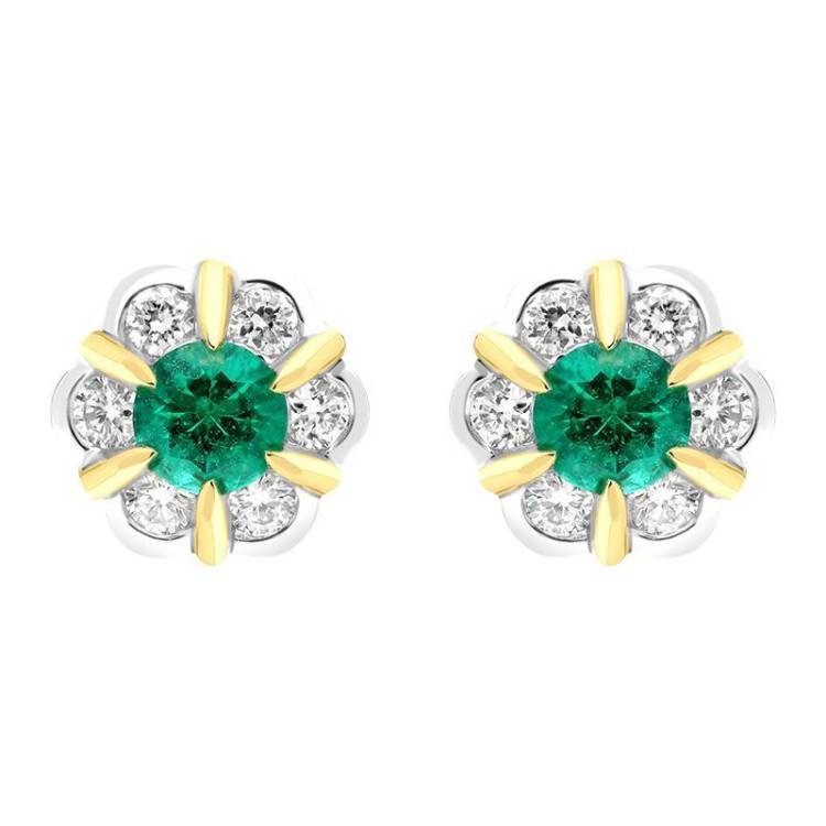 18ct White Yellow Gold 0.18ct Emerald 0.28ct Diamond Cluster Stud Earrings