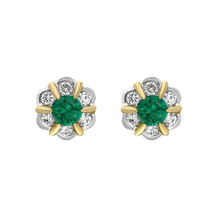 18ct White and Yellow Gold Emerald Diamond Flower Cluster Stud Earrings - White Gold