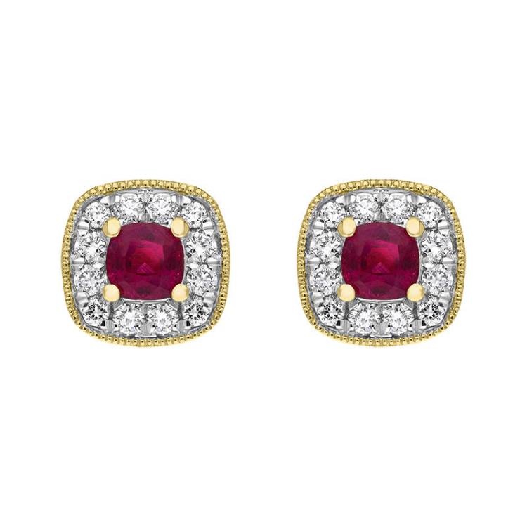 18ct Yellow Gold 0.33ct Ruby Diamond Cushion Stud Earrings