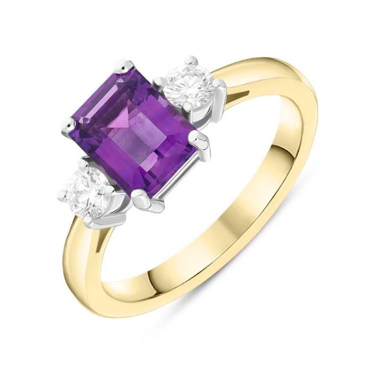 18ct Yellow Gold 1.39ct Amethyst 0.29ct Diamond Emerald Cut Ring - Yellow Gold