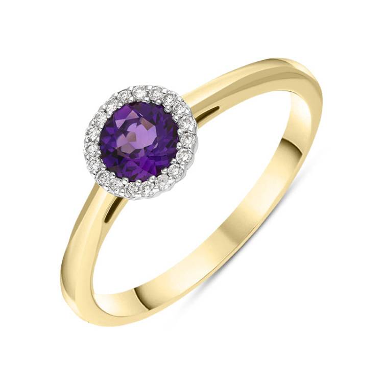 18ct Yellow Gold Amethyst Diamond Round Cut Halo Ring - N