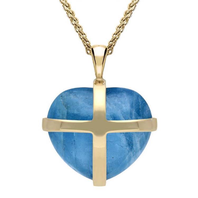 18ct Yellow Gold Aquamarine Medium Cross Heart Necklace