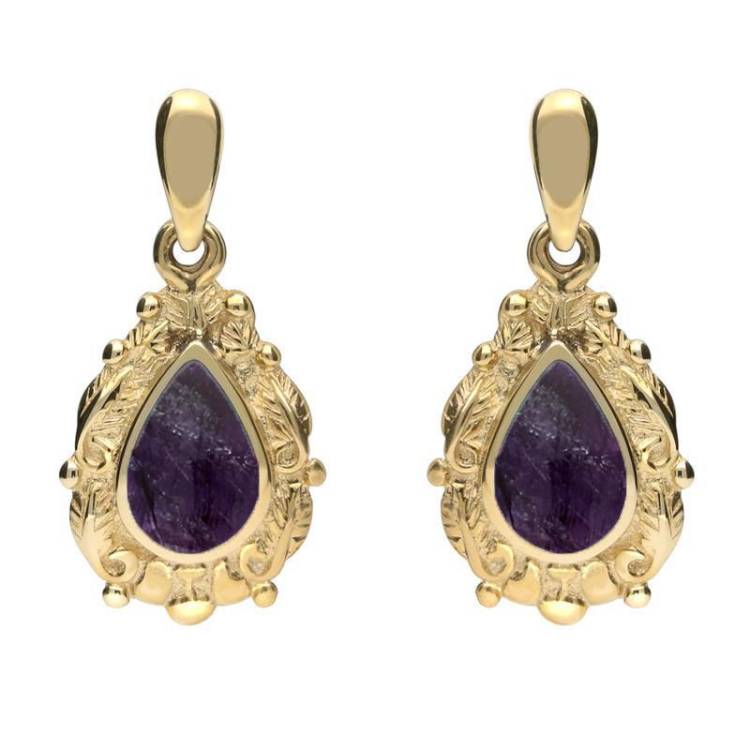 18ct Yellow Gold Blue John Pear Shaped Leaf Drop Earrings - Yellow Gold