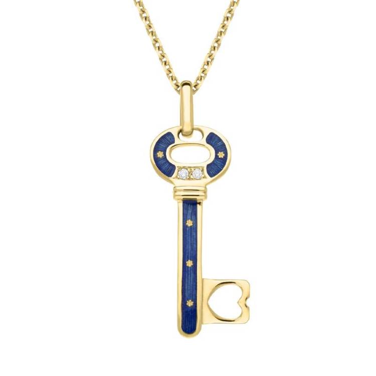 18ct Yellow Gold Diamond Blue Enamel Key Necklace - Yellow Gold