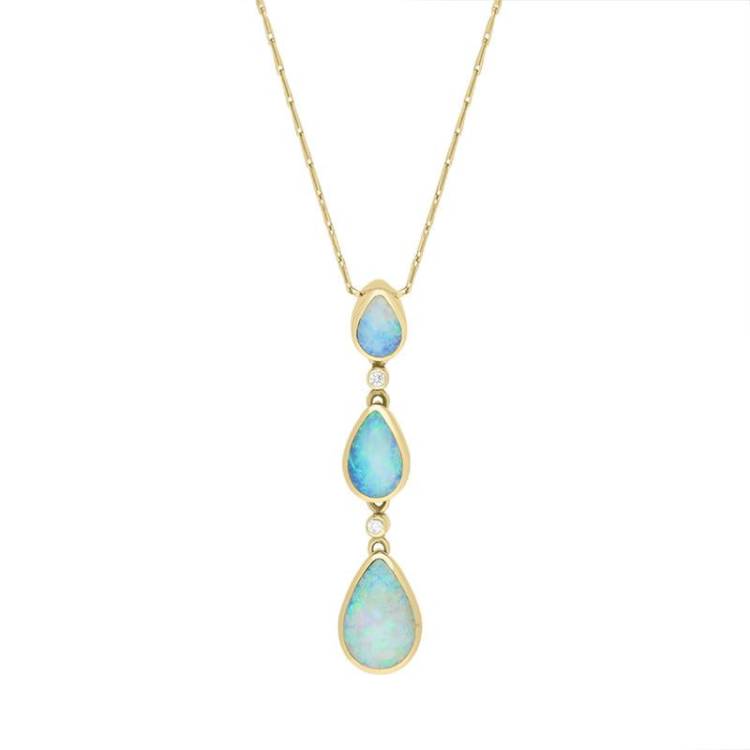18ct Yellow Gold Opal Diamond Three Stone Graduating Pear Necklace